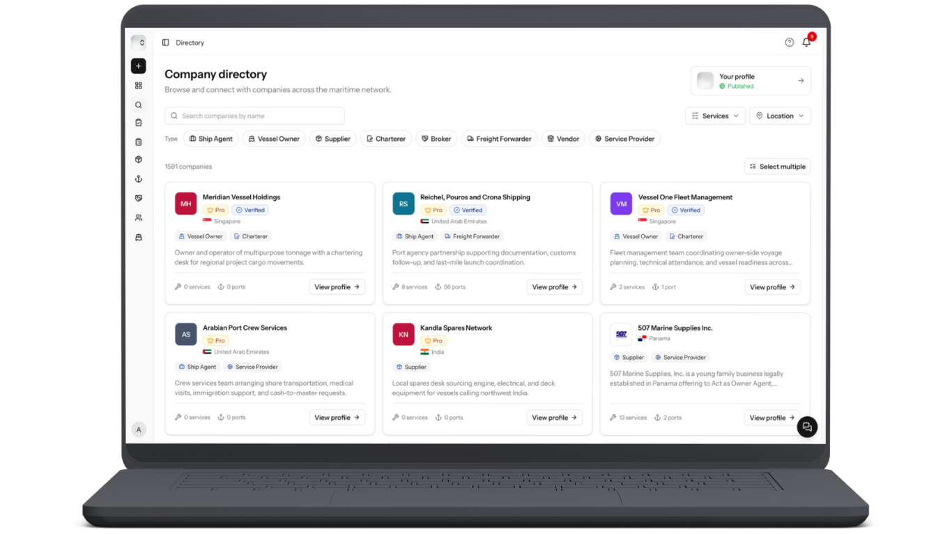 PortzApp Company Directory listing verified maritime companies filtered by role, service, and location