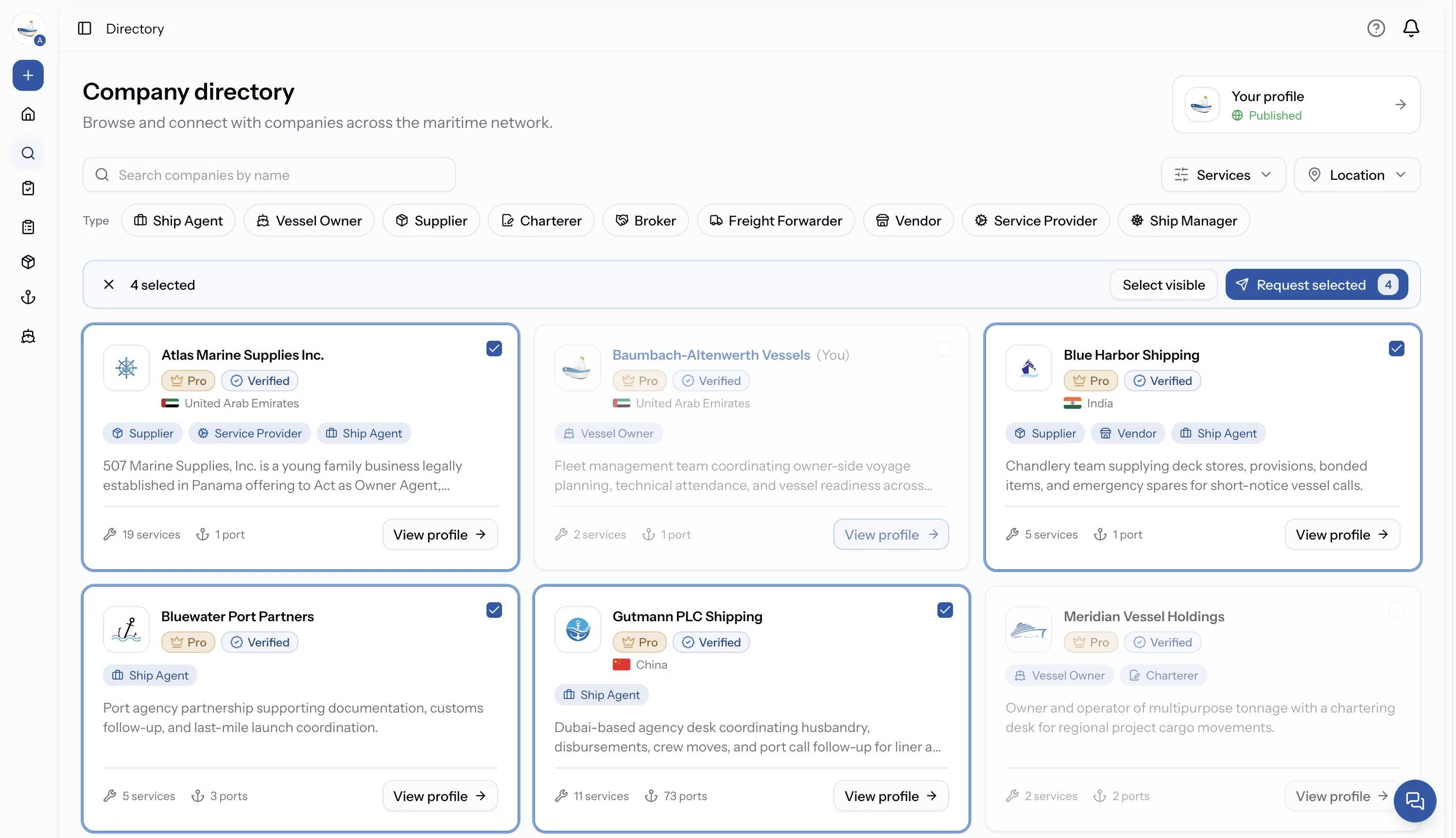PortzApp company directory with multiple verified companies selected and a Request selected button ready to send an RFQ