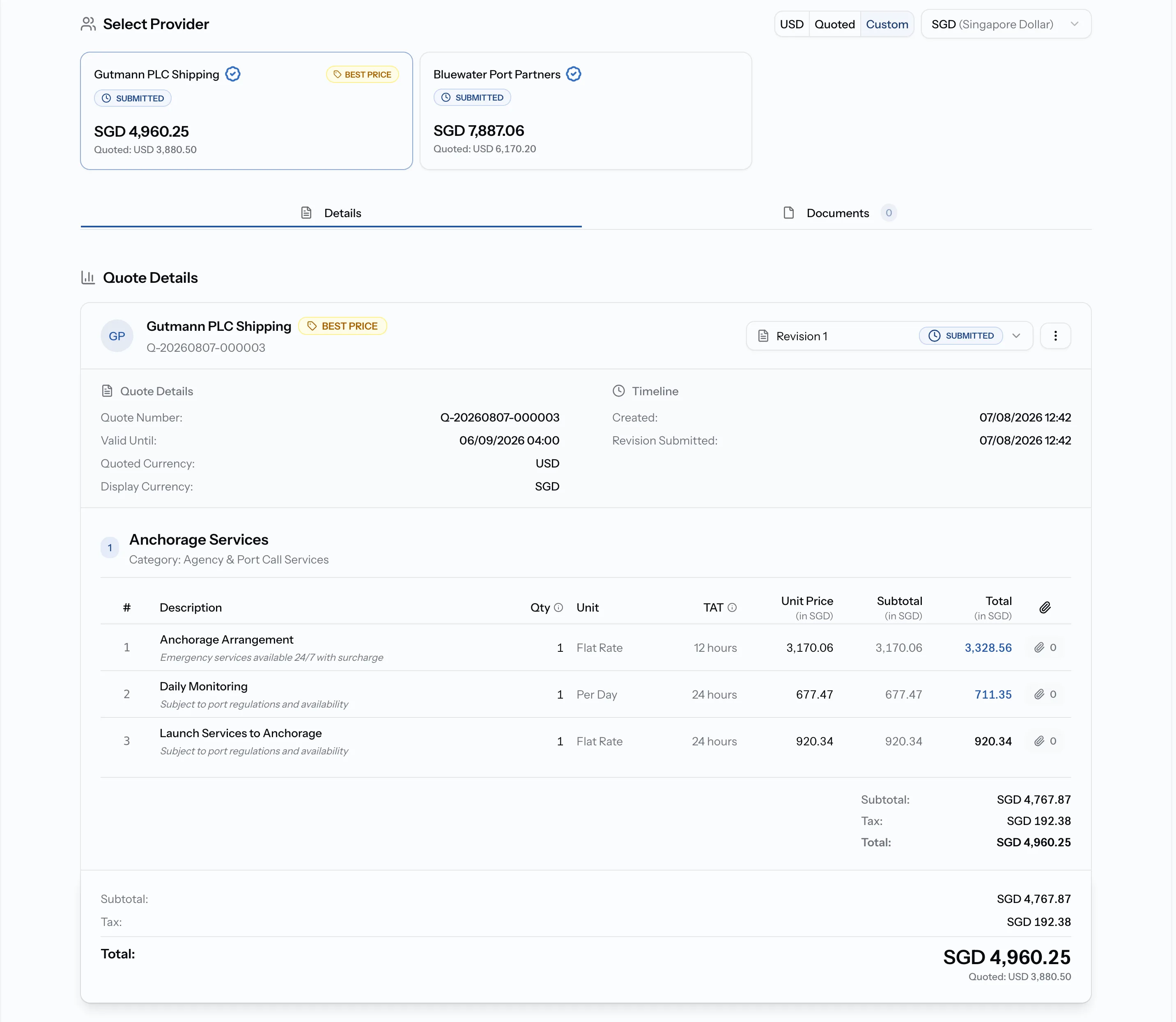 PortzApp quote comparison view with multiple provider quotes and detailed line-item breakdown
