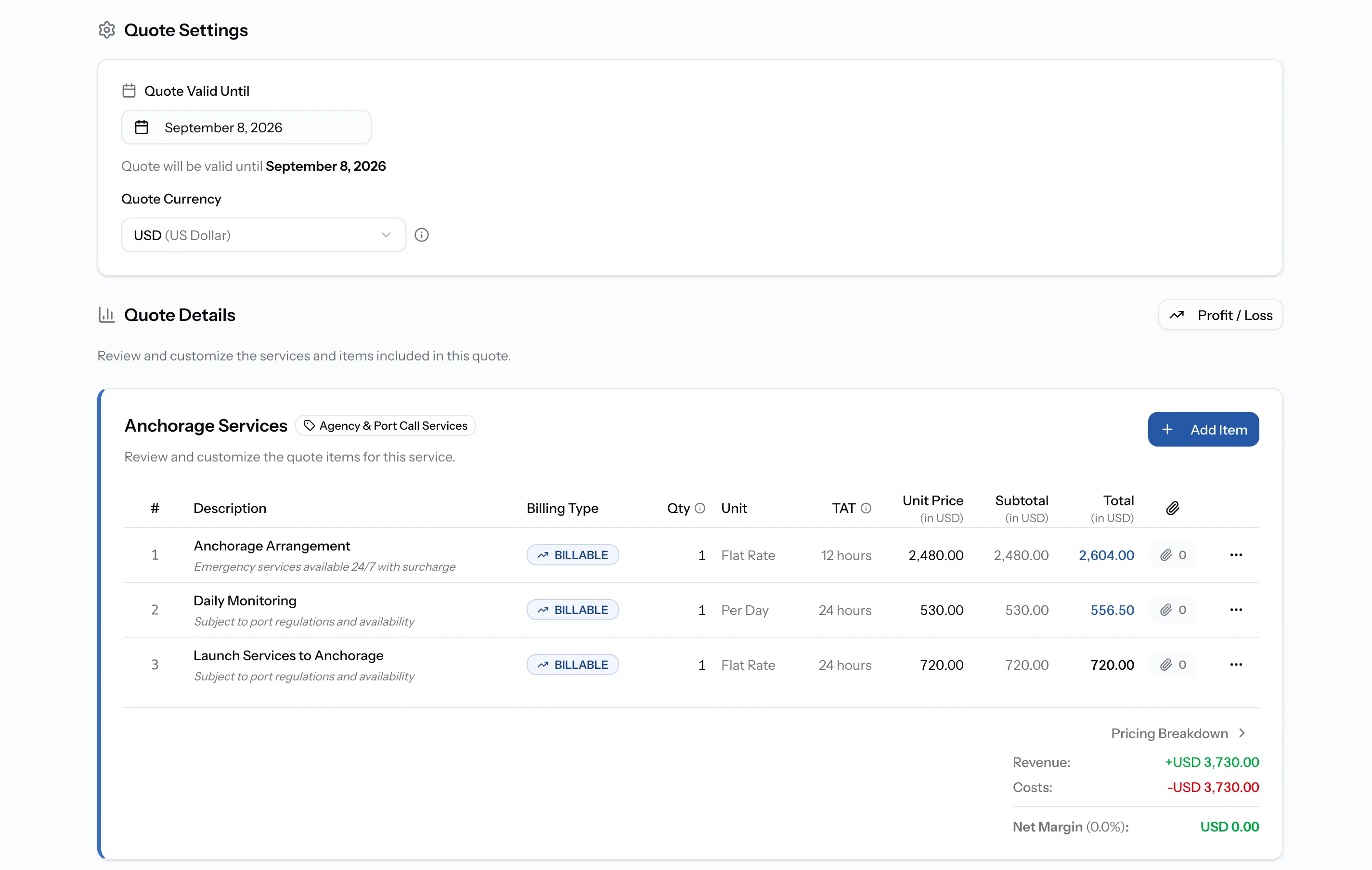PortzApp Create Quote view with Quote Settings, currency selector, Anchorage Services line items with unit prices and totals, and a Submit Quote button