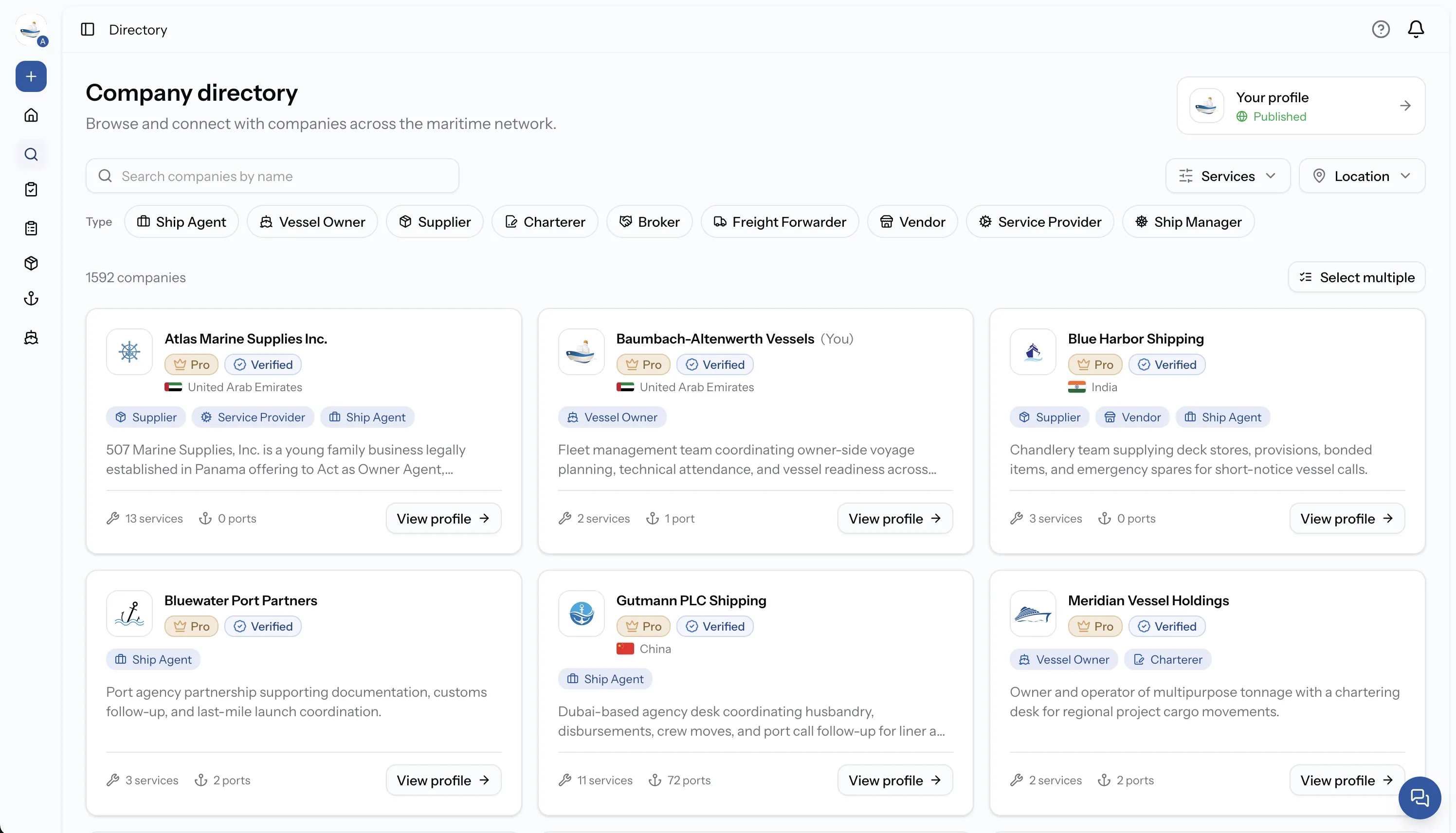 PortzApp company directory showing verified maritime companies searchable across ports and services