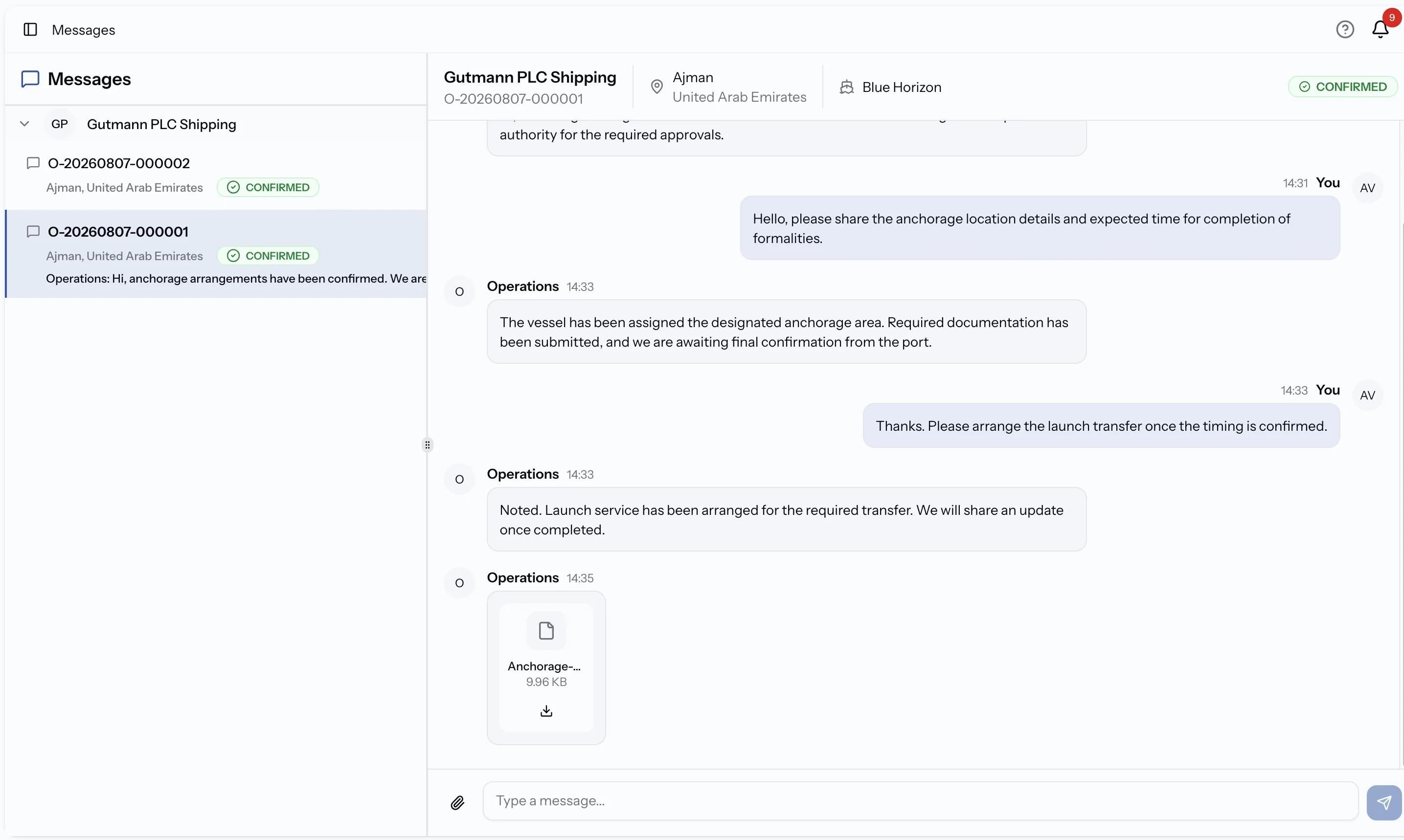 PortzApp job messages view with a conversation between Operations and the principal on job O-20260807-000001, including an inline PDF attachment