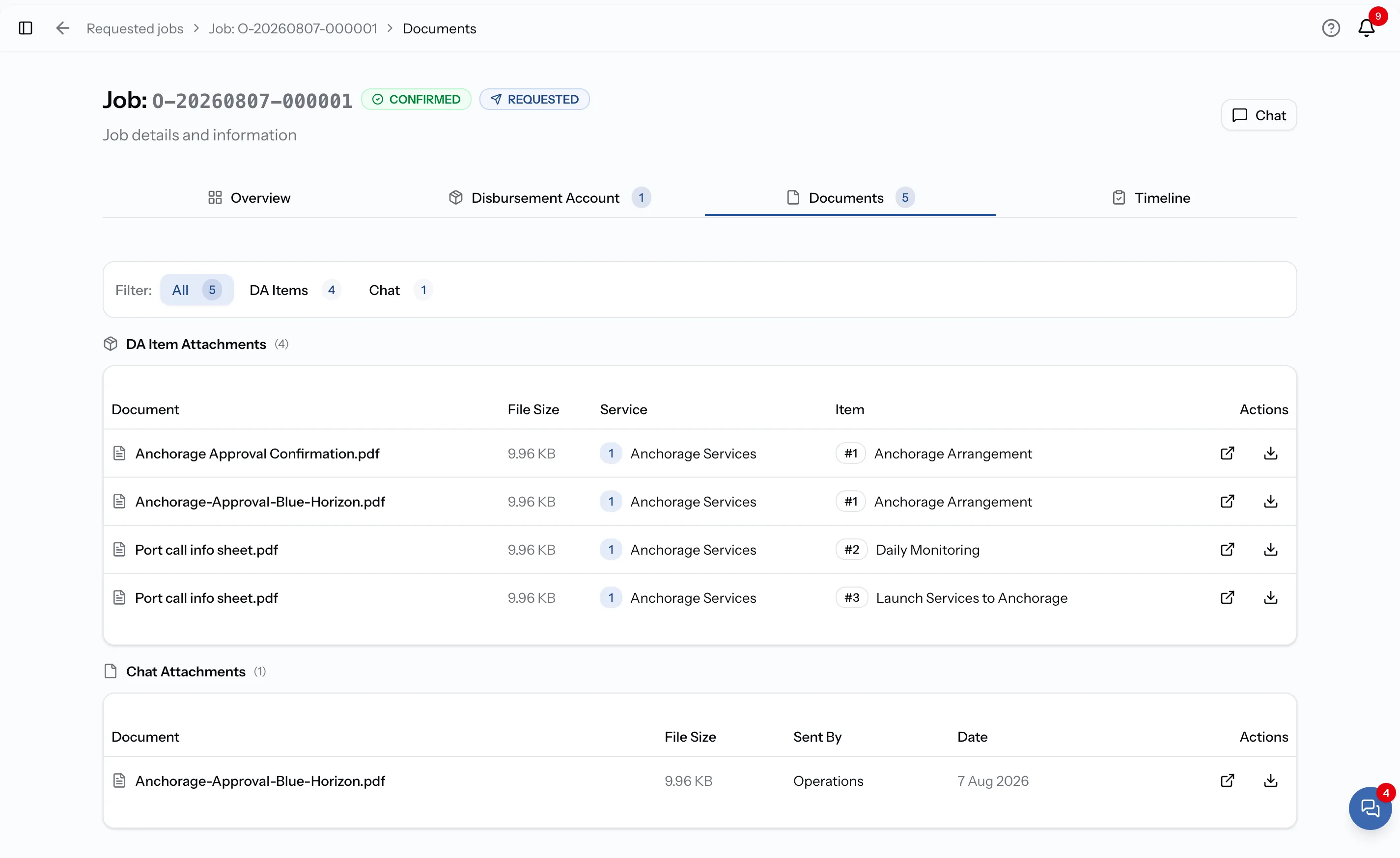PortzApp job documents view showing DA Item Attachments and Chat Attachments grouped under a single job with file size, service, and item metadata