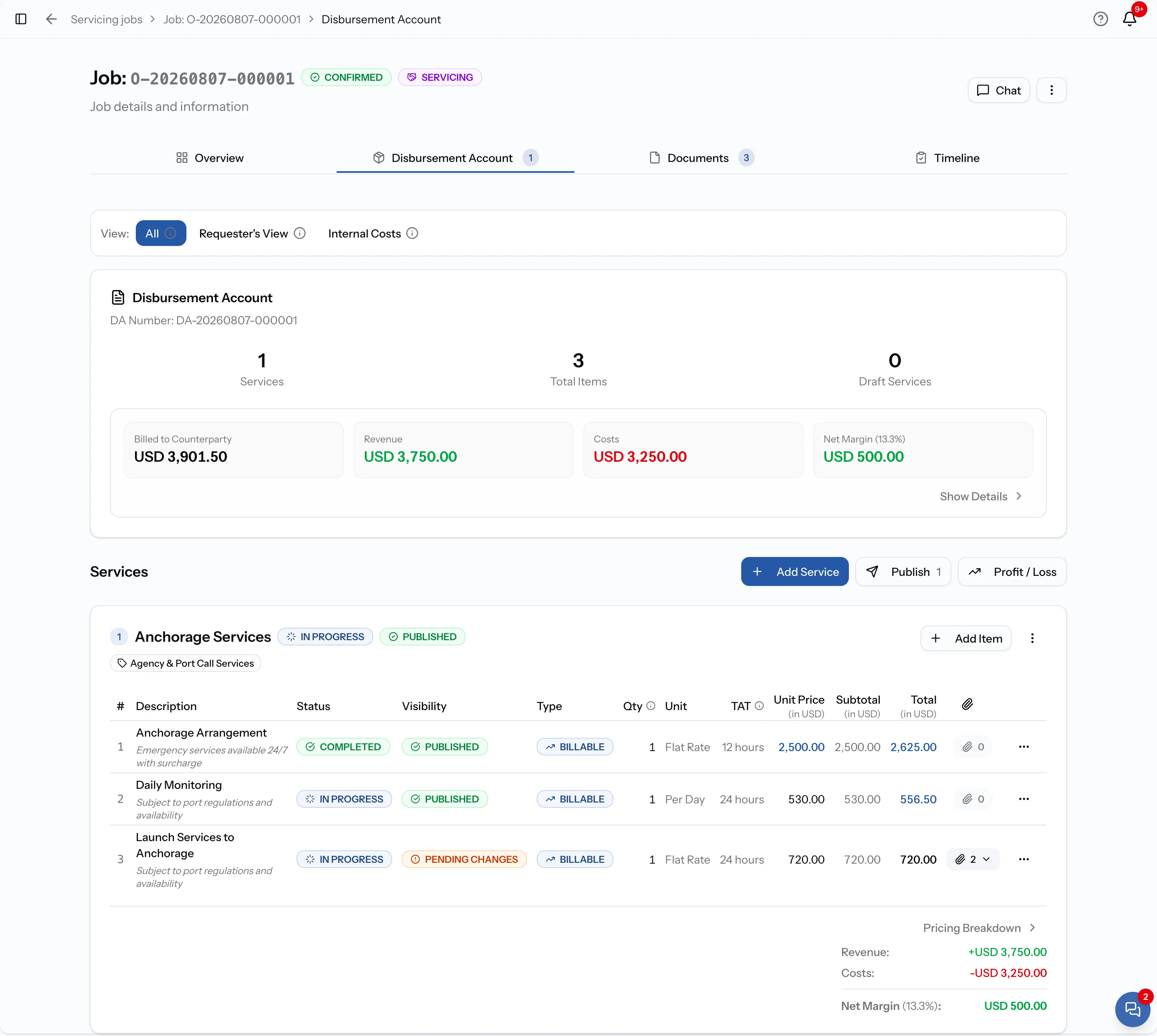PortzApp job workspace showing the Disbursement Account tab with services, per-item work status like Completed and In Progress, and revenue and cost totals