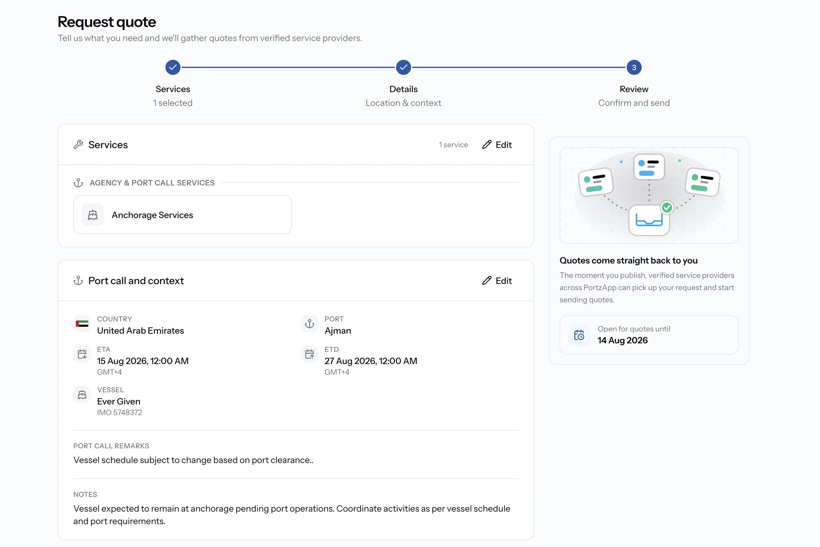 PortzApp Request quote Review step for an open RFQ with services, port call and context, and Quotes come straight back to you panel
