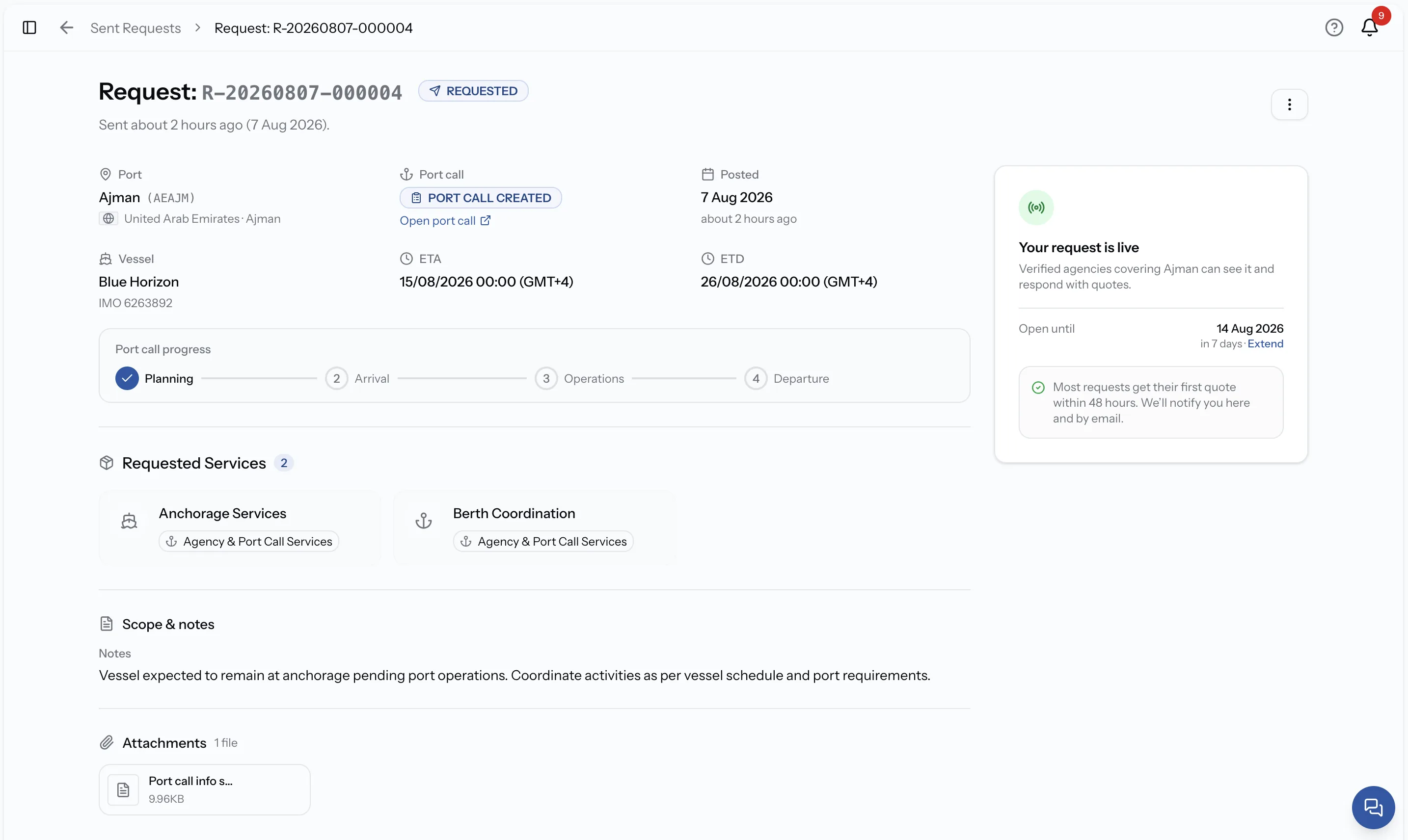 PortzApp sent request view showing request ID, port call progress stepper, requested services, and Your request is live panel with verified agencies covering the port