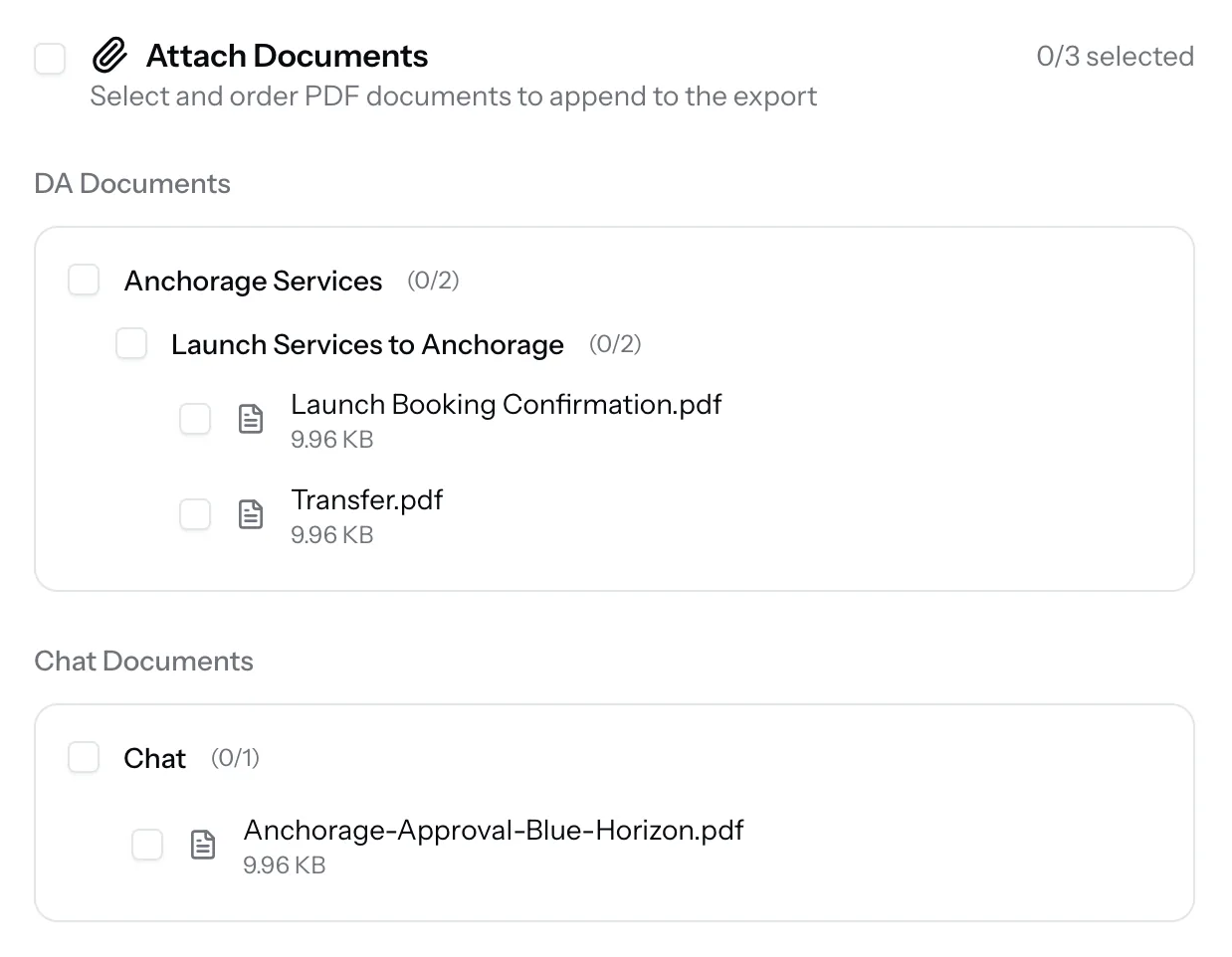 PortzApp Attach Documents panel grouping DA Documents by service (Anchorage Services, Daily Monitoring, Launch Services) and Chat Documents, each with selectable PDF attachments