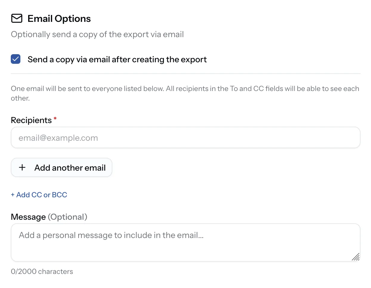 PortzApp Email Options panel with a Send a copy via email toggle, recipients field, CC or BCC option, and an optional personal message field