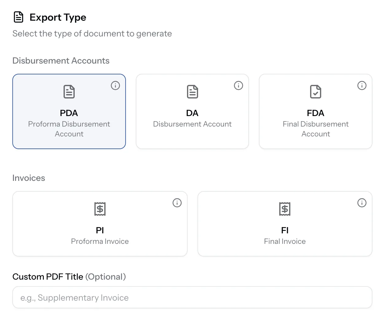 PortzApp Create DA Export form with document type options for PDA, DA, FDA, PI, and FI, and a custom PDF title field