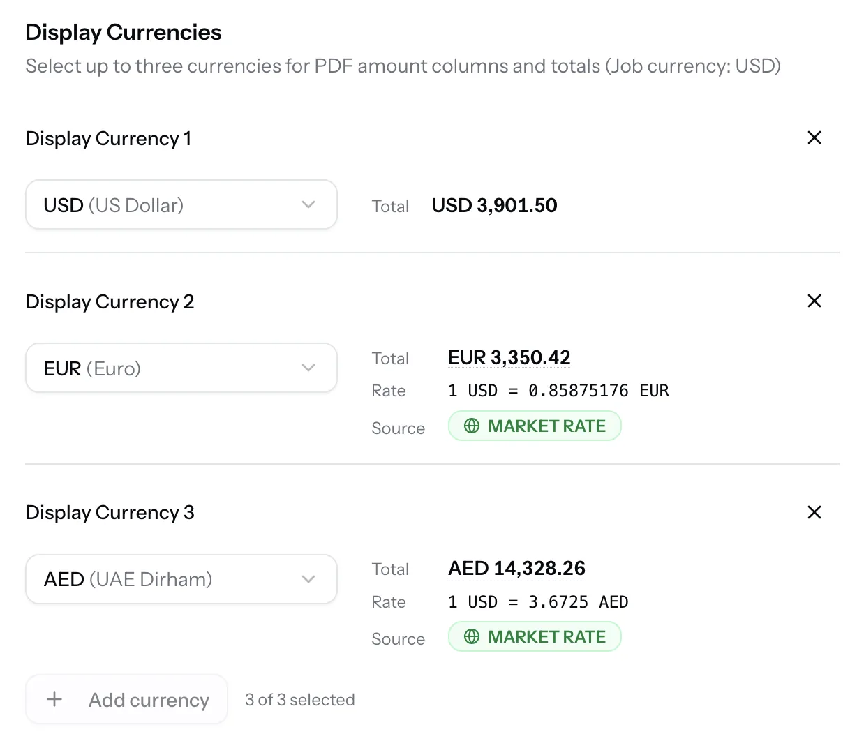 PortzApp Display Currencies panel with USD, AED, and SGD selected, each showing totals, exchange rate, and Market Rate source