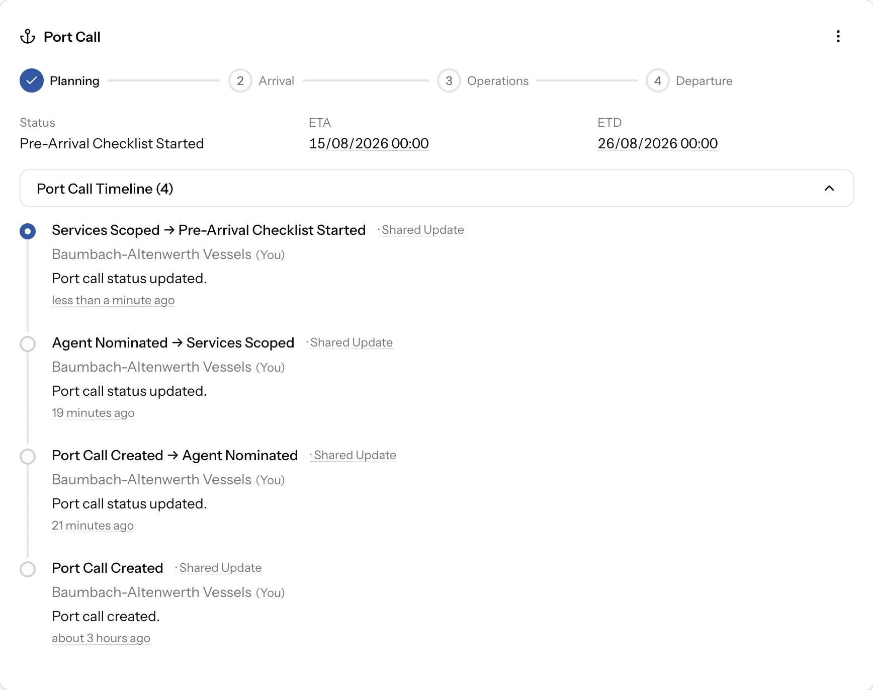 PortzApp port call timeline with a Planning to Departure stepper and a list of shared status updates like Services Scoped, Agent Nominated, and Port Call Created