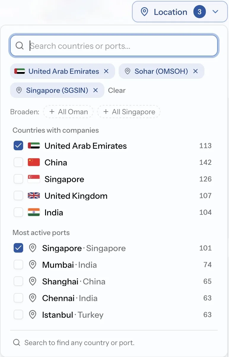PortzApp company directory with the Location filter open, showing countries and active ports with counts
