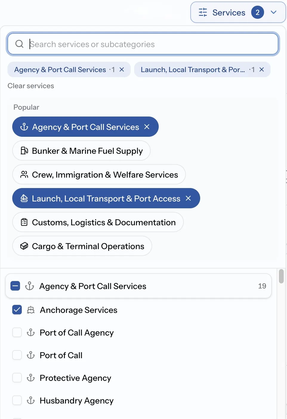 PortzApp company directory with the Services filter open, showing categories such as Agency and Port Call Services, Bunker, Crew, and Launch