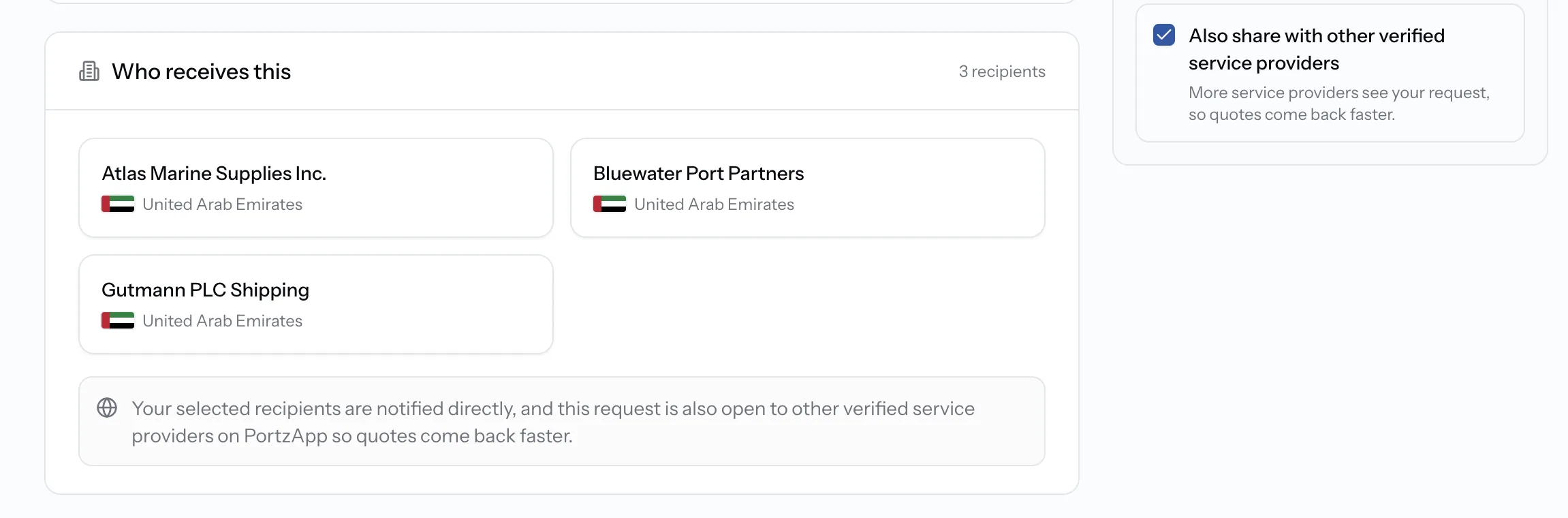 PortzApp Who receives this card showing multiple selected recipients with an option to also share with other verified service providers